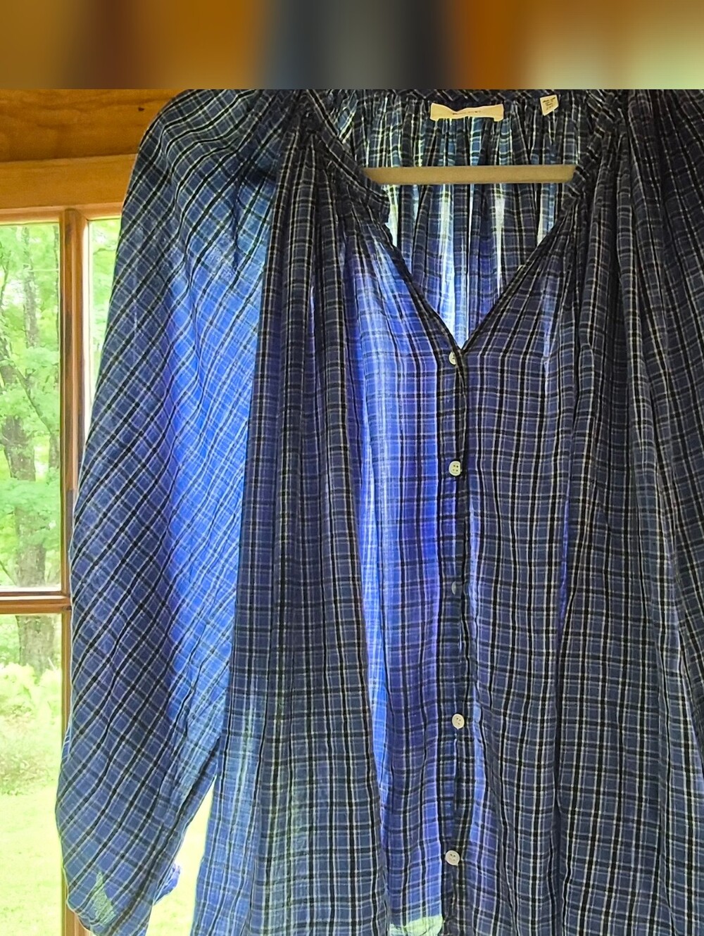DÔEN Blue Plaid Cotton Gauze Peasant Blouse XXL Coastal Prairie